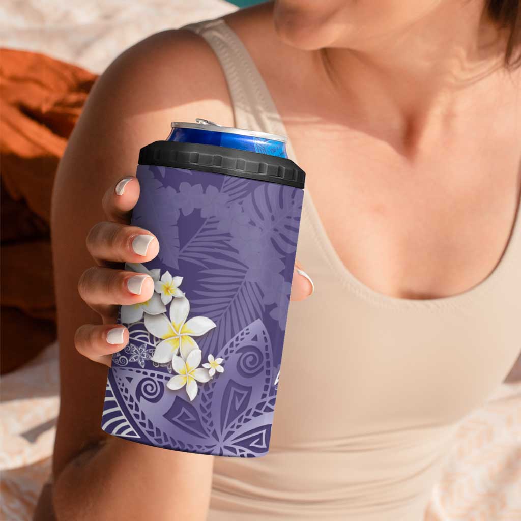Violet Polynesian Tribal Frangipani Tropical Vibe 4 in 1 Can Cooler Tumbler