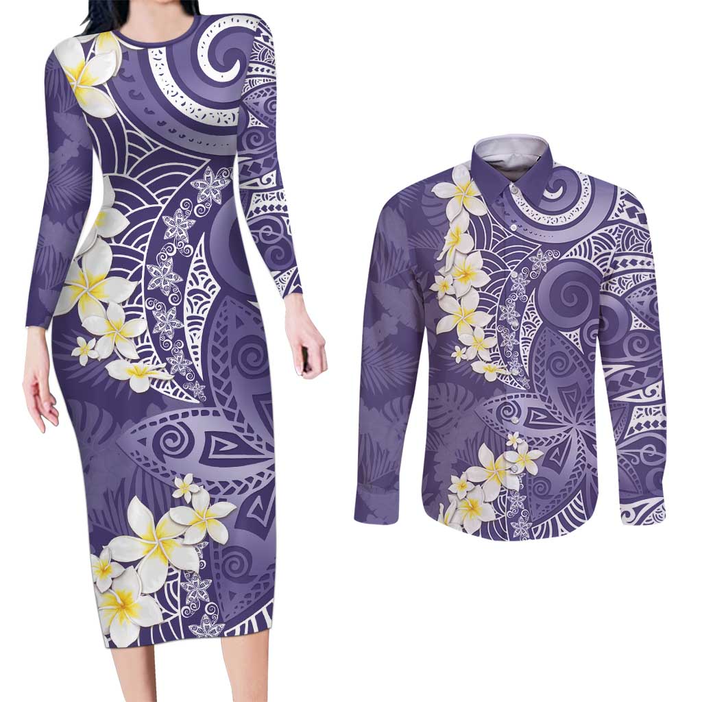 Violet Polynesian Tribal Frangipani Tropical Vibe Couples Matching Long Sleeve Bodycon Dress and Long Sleeve Button Shirt