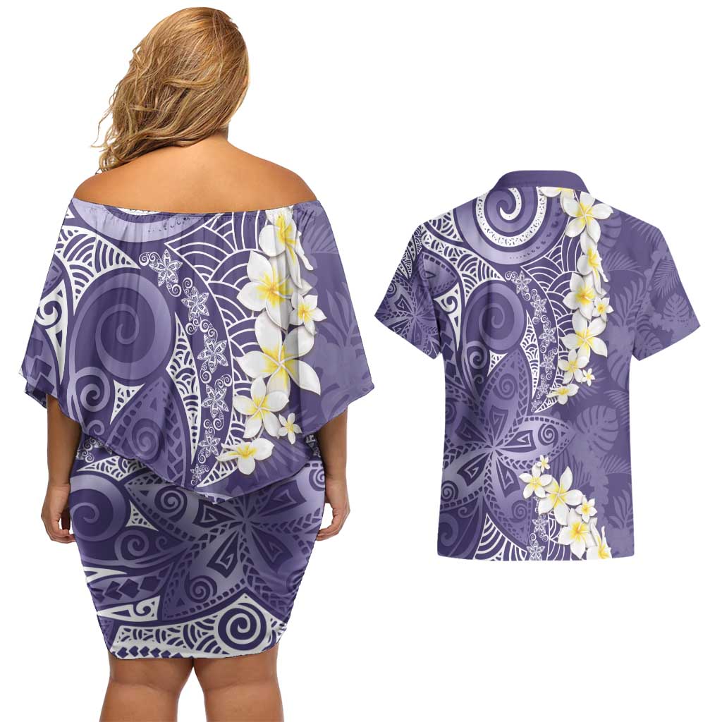 Violet Polynesian Tribal Frangipani Tropical Vibe Couples Matching Off Shoulder Short Dress and Hawaiian Shirt