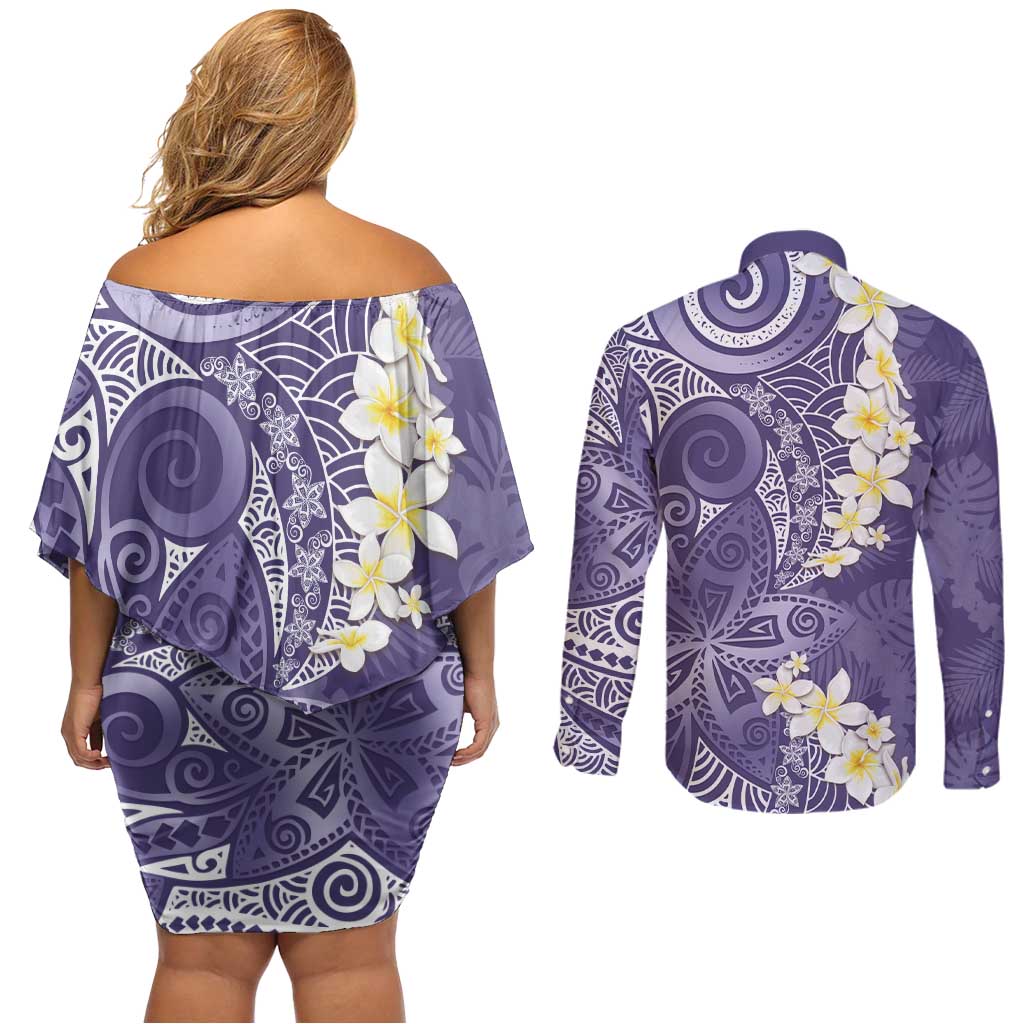 Violet Polynesian Tribal Frangipani Tropical Vibe Couples Matching Off Shoulder Short Dress and Long Sleeve Button Shirt