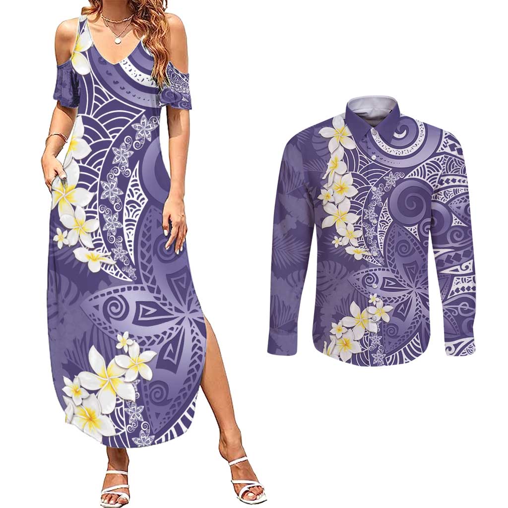 Violet Polynesian Tribal Frangipani Tropical Vibe Couples Matching Summer Maxi Dress and Long Sleeve Button Shirt