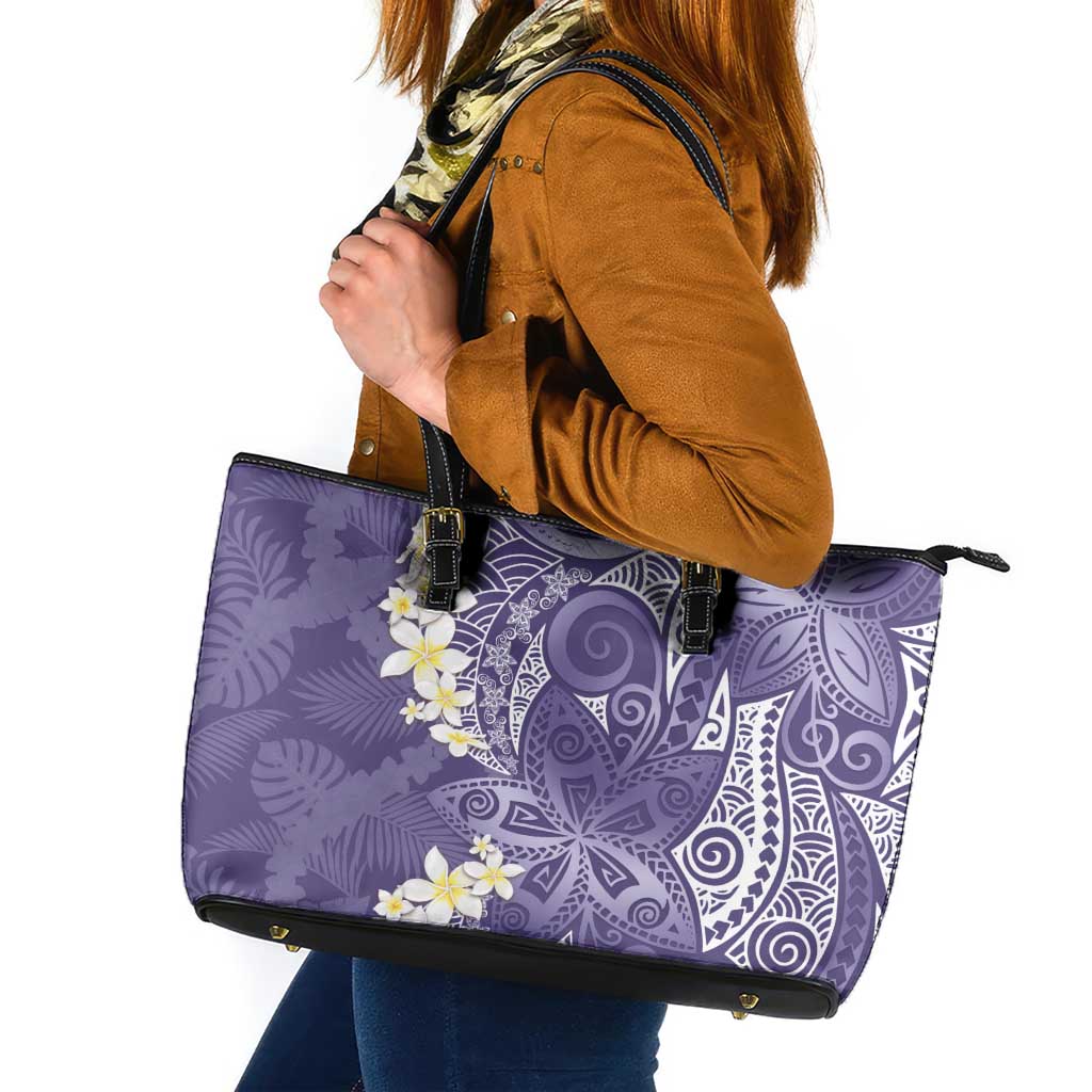 Violet Polynesian Tribal Frangipani Tropical Vibe Leather Tote Bag