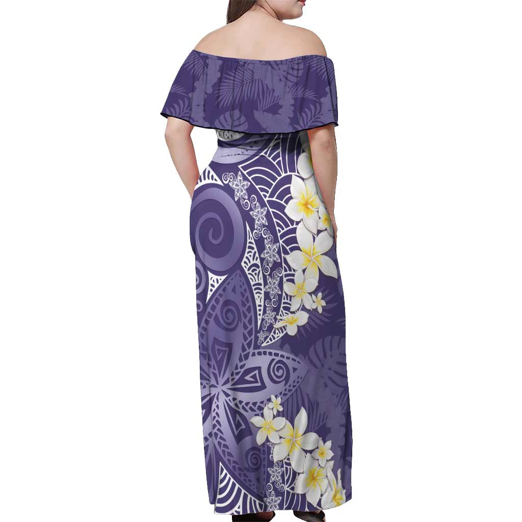 Violet Polynesian Tribal Frangipani Tropical Vibe Off Shoulder Maxi Dress