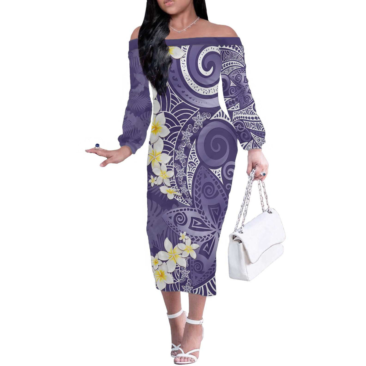Violet Polynesian Tribal Frangipani Tropical Vibe Off The Shoulder Long Sleeve Dress
