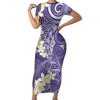 Violet Polynesian Tribal Frangipani Tropical Vibe Short Sleeve Bodycon Dress
