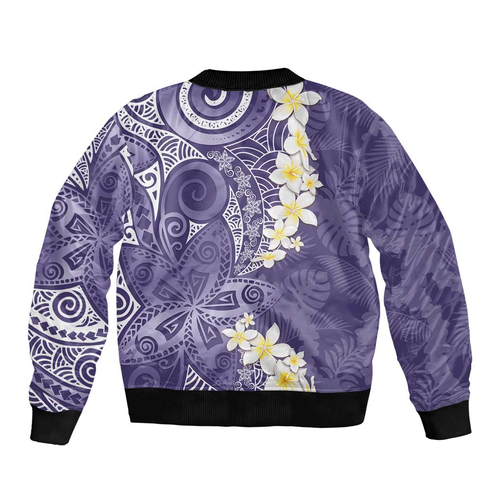 Violet Polynesian Tribal Frangipani Tropical Vibe Sleeve Zip Bomber Jacket