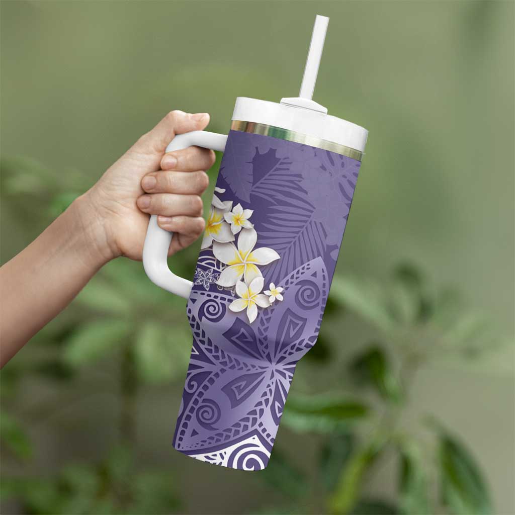 Violet Polynesian Tribal Frangipani Tropical Vibe Tumbler With Handle