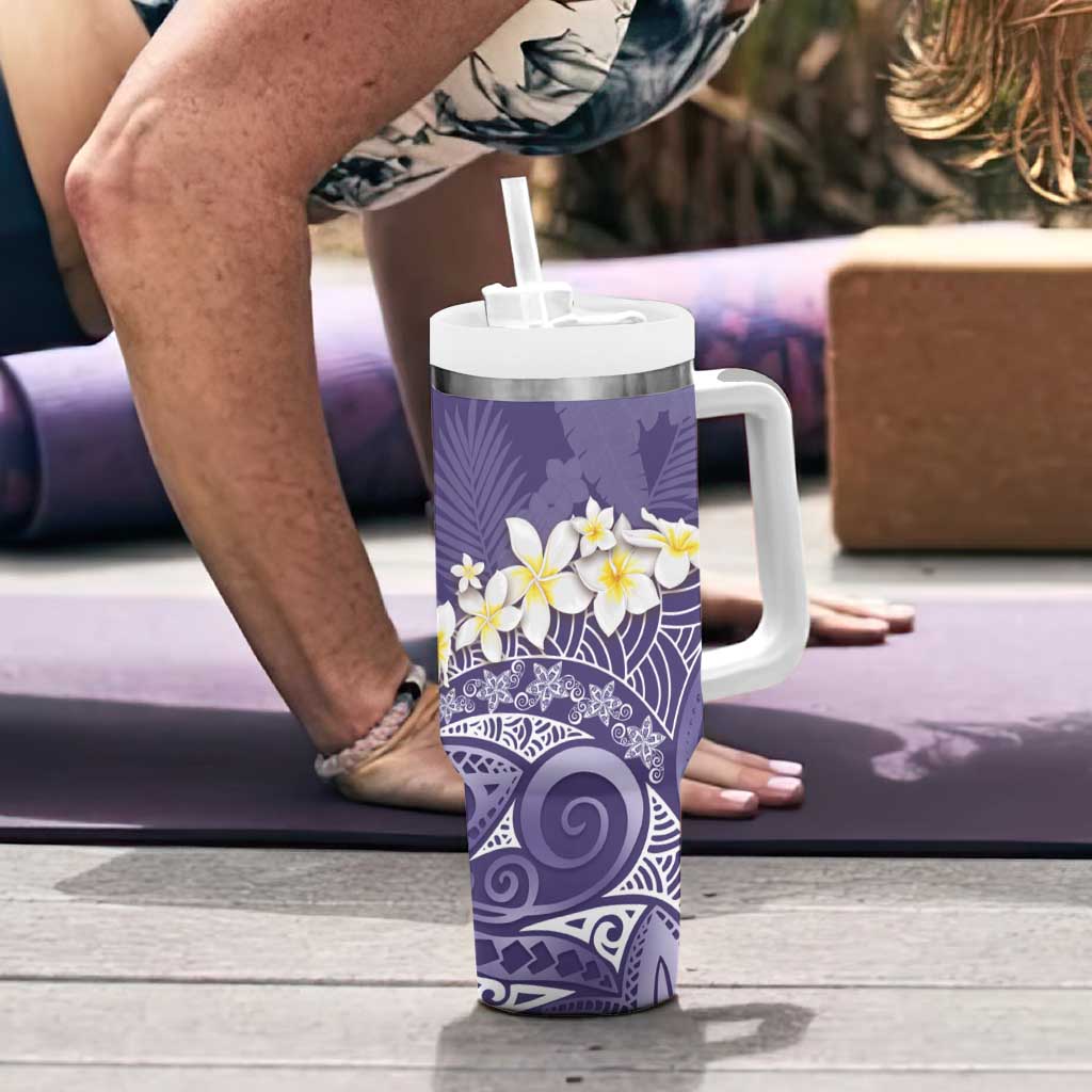 Violet Polynesian Tribal Frangipani Tropical Vibe Tumbler With Handle