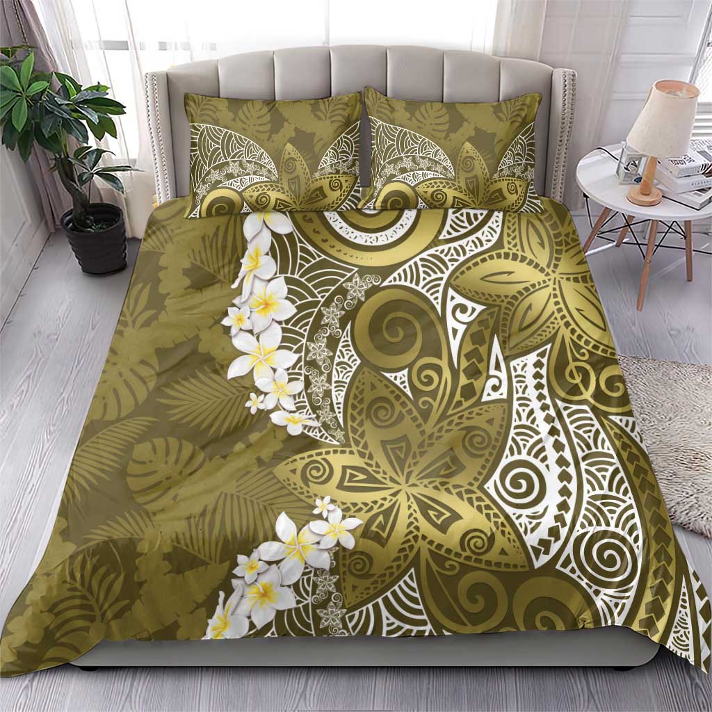 Gold Polynesian Tribal Frangipani Tropical Vibe Bedding Set