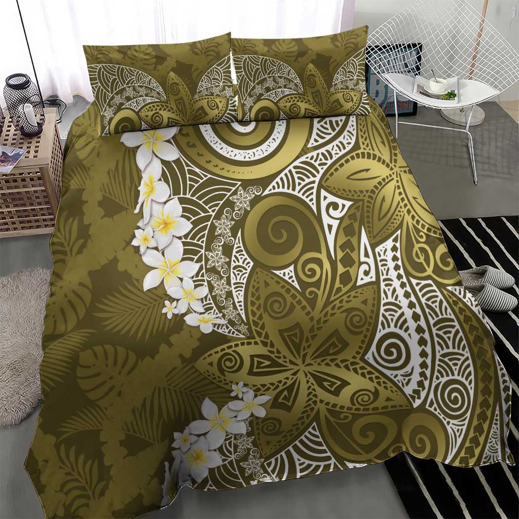 Gold Polynesian Tribal Frangipani Tropical Vibe Bedding Set