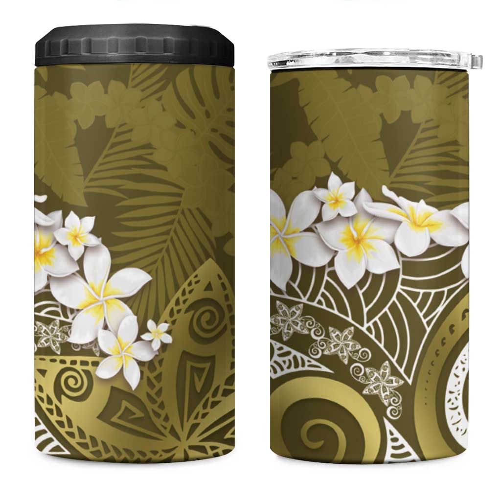 Gold Polynesian Tribal Frangipani Tropical Vibe 4 in 1 Can Cooler Tumbler