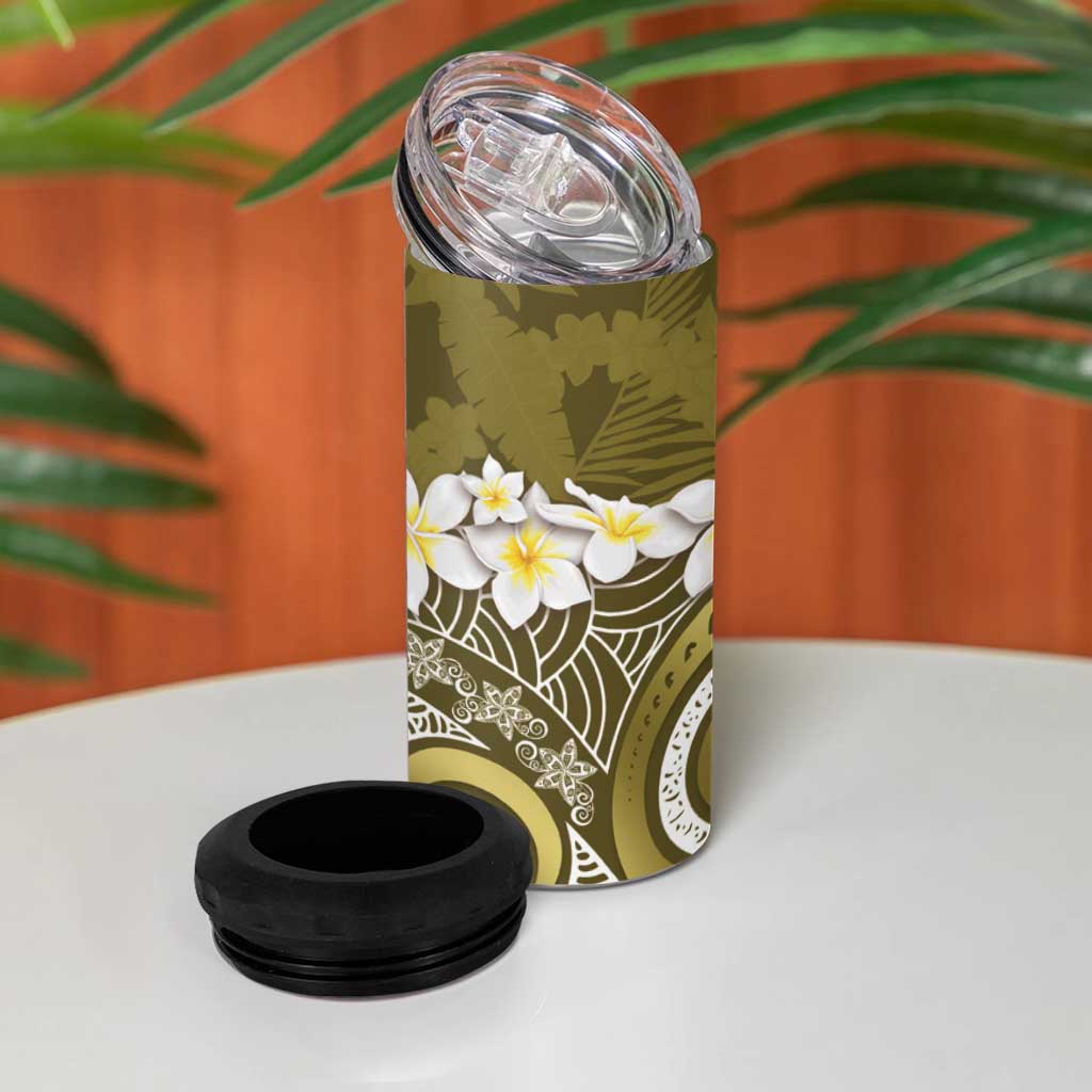 Gold Polynesian Tribal Frangipani Tropical Vibe 4 in 1 Can Cooler Tumbler