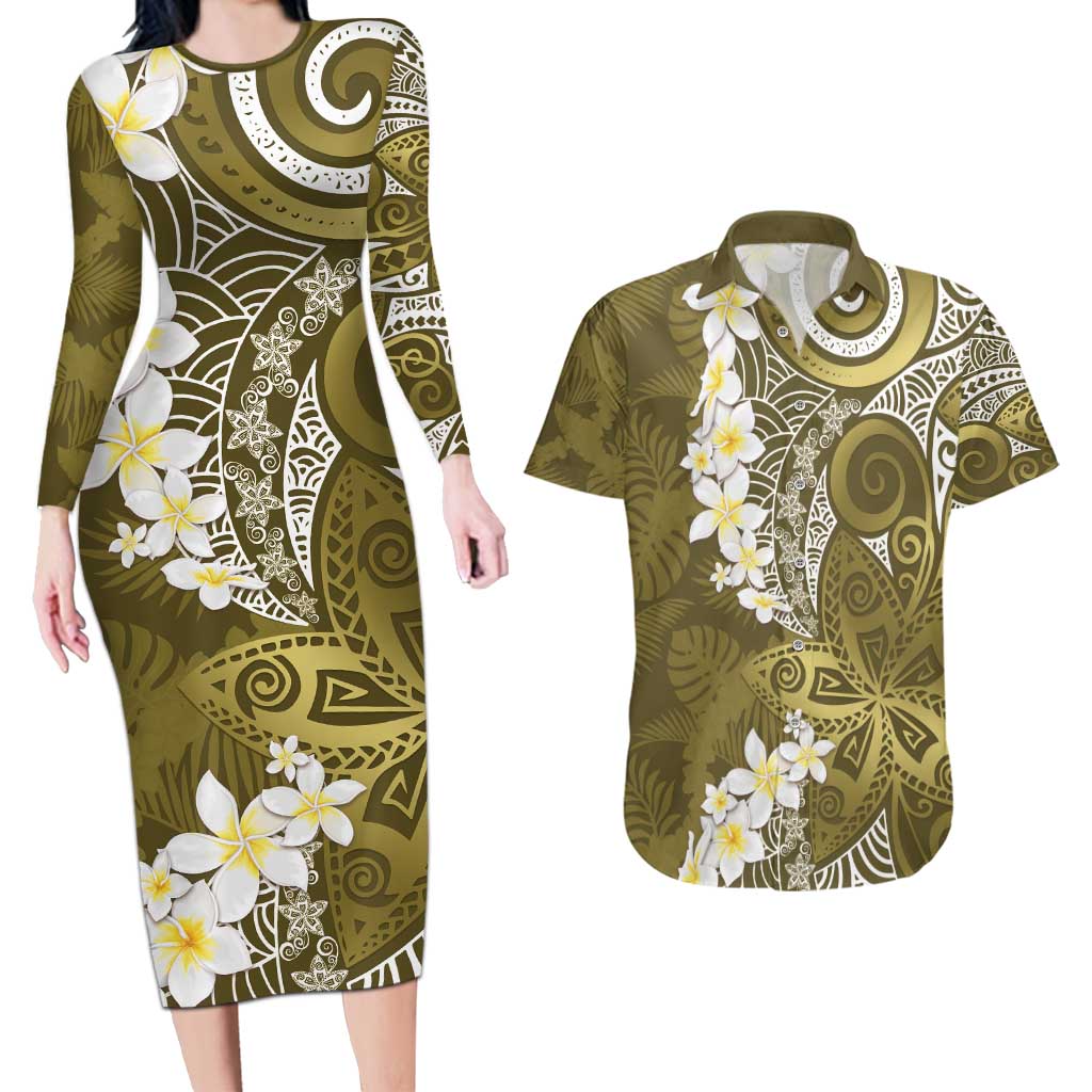 Gold Polynesian Tribal Frangipani Tropical Vibe Couples Matching Long Sleeve Bodycon Dress and Hawaiian Shirt