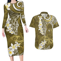 Gold Polynesian Tribal Frangipani Tropical Vibe Couples Matching Long Sleeve Bodycon Dress and Hawaiian Shirt