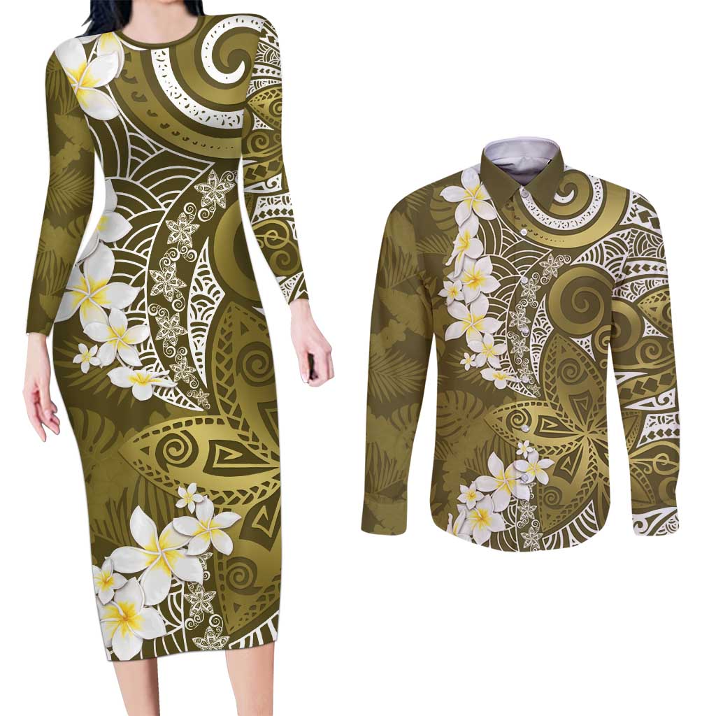 Gold Polynesian Tribal Frangipani Tropical Vibe Couples Matching Long Sleeve Bodycon Dress and Long Sleeve Button Shirt