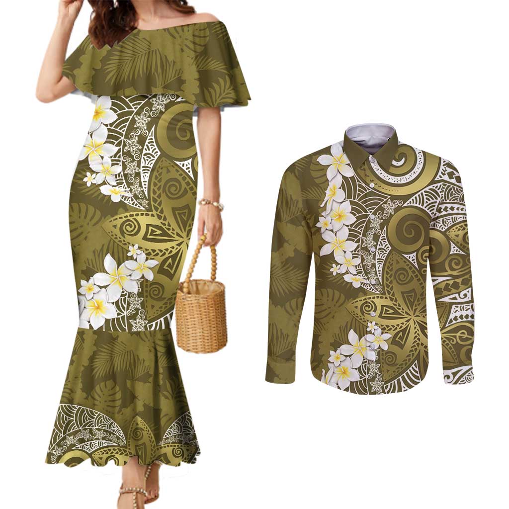 Gold Polynesian Tribal Frangipani Tropical Vibe Couples Matching Mermaid Dress and Long Sleeve Button Shirt