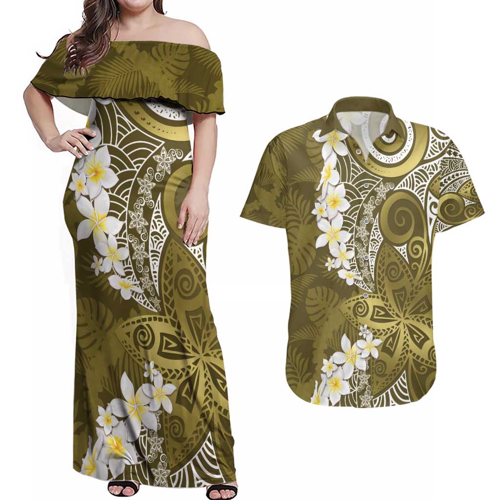 Gold Polynesian Tribal Frangipani Tropical Vibe Couples Matching Off Shoulder Maxi Dress and Hawaiian Shirt