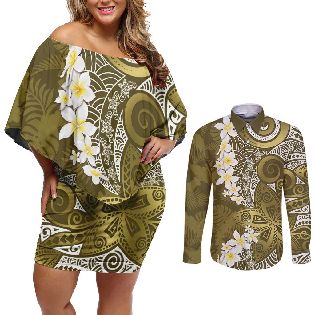 Gold Polynesian Tribal Frangipani Tropical Vibe Couples Matching Off Shoulder Short Dress and Long Sleeve Button Shirt LT14 Gold - Polynesian Pride