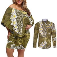 Gold Polynesian Tribal Frangipani Tropical Vibe Couples Matching Off Shoulder Short Dress and Long Sleeve Button Shirt LT14 Gold - Polynesian Pride