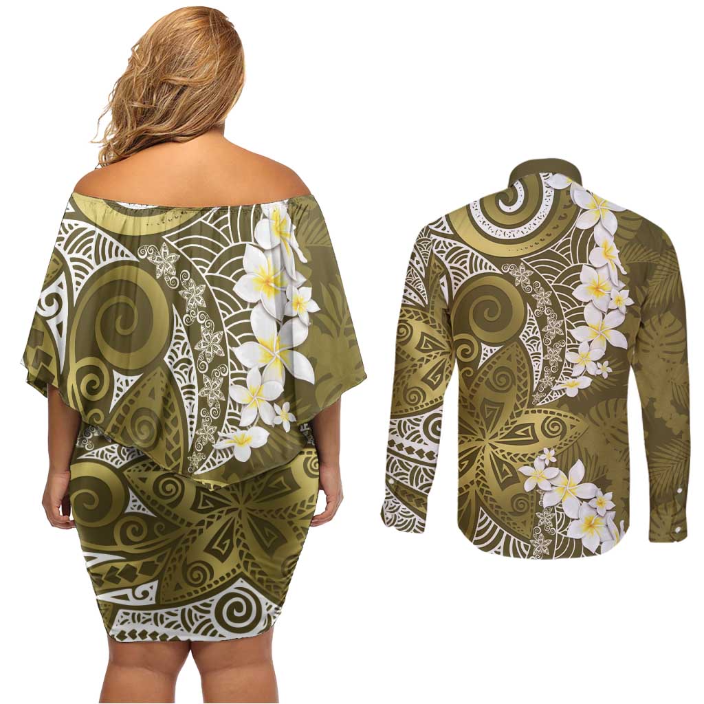 Gold Polynesian Tribal Frangipani Tropical Vibe Couples Matching Off Shoulder Short Dress and Long Sleeve Button Shirt LT14 - Polynesian Pride