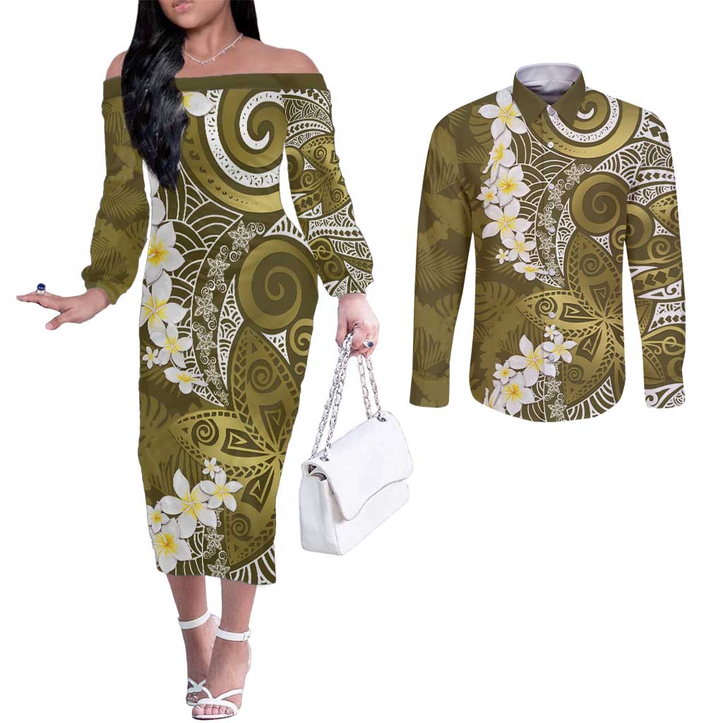 Gold Polynesian Tribal Frangipani Tropical Vibe Couples Matching Off The Shoulder Long Sleeve Dress and Long Sleeve Button Shirt LT14 Gold - Polynesian Pride