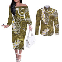 Gold Polynesian Tribal Frangipani Tropical Vibe Couples Matching Off The Shoulder Long Sleeve Dress and Long Sleeve Button Shirt LT14 Gold - Polynesian Pride