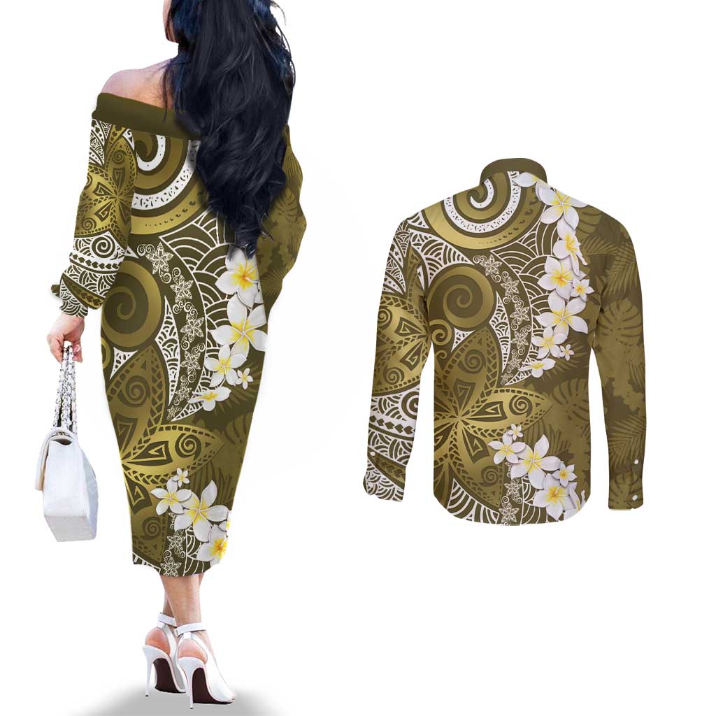 Gold Polynesian Tribal Frangipani Tropical Vibe Couples Matching Off The Shoulder Long Sleeve Dress and Long Sleeve Button Shirt LT14 - Polynesian Pride