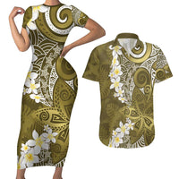 Gold Polynesian Tribal Frangipani Tropical Vibe Couples Matching Short Sleeve Bodycon Dress and Hawaiian Shirt