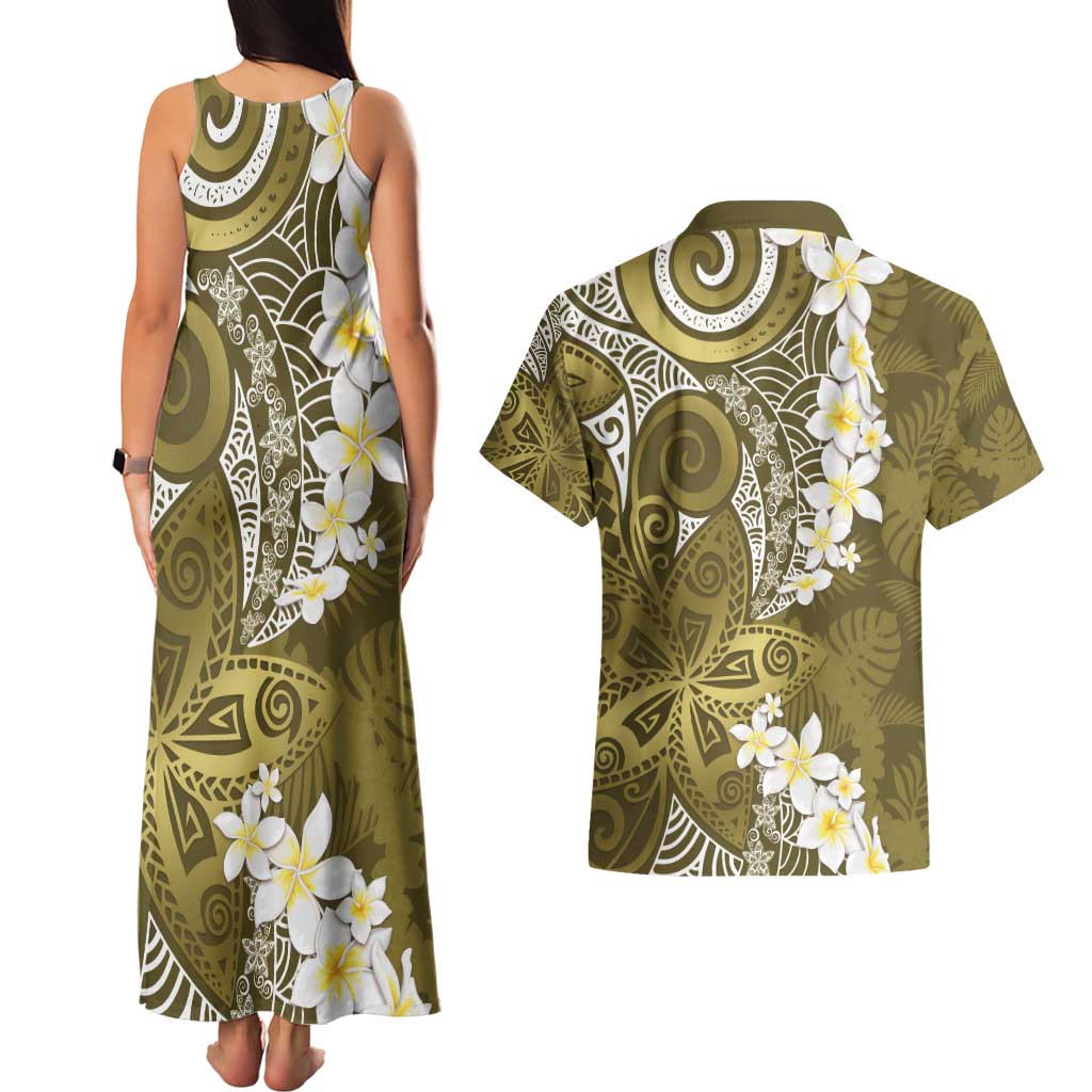 Gold Polynesian Tribal Frangipani Tropical Vibe Couples Matching Tank Maxi Dress and Hawaiian Shirt