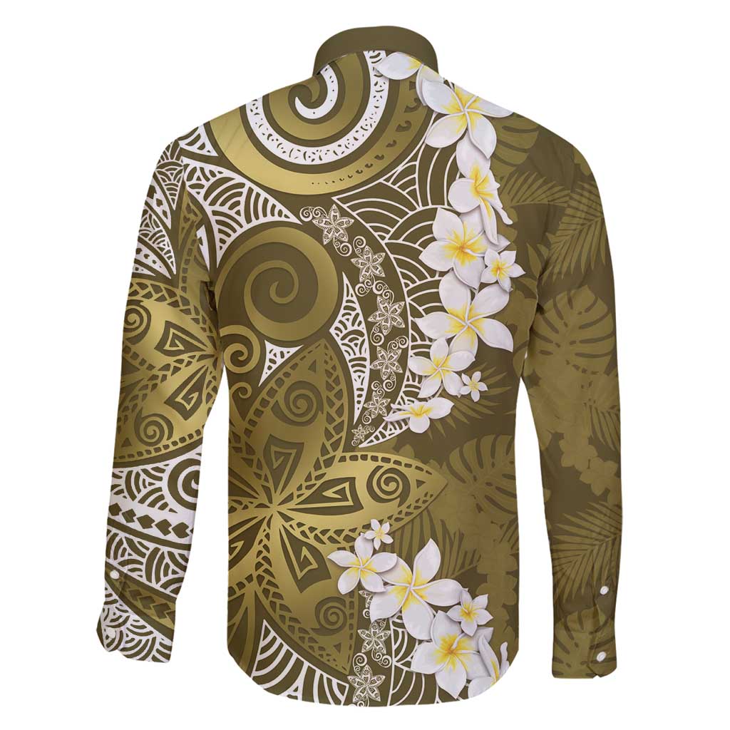 Gold Polynesian Tribal Frangipani Tropical Vibe Family Matching Long Sleeve Bodycon Dress and Hawaiian Shirt
