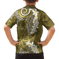 Gold Polynesian Tribal Frangipani Tropical Vibe Family Matching Off The Shoulder Long Sleeve Dress and Hawaiian Shirt