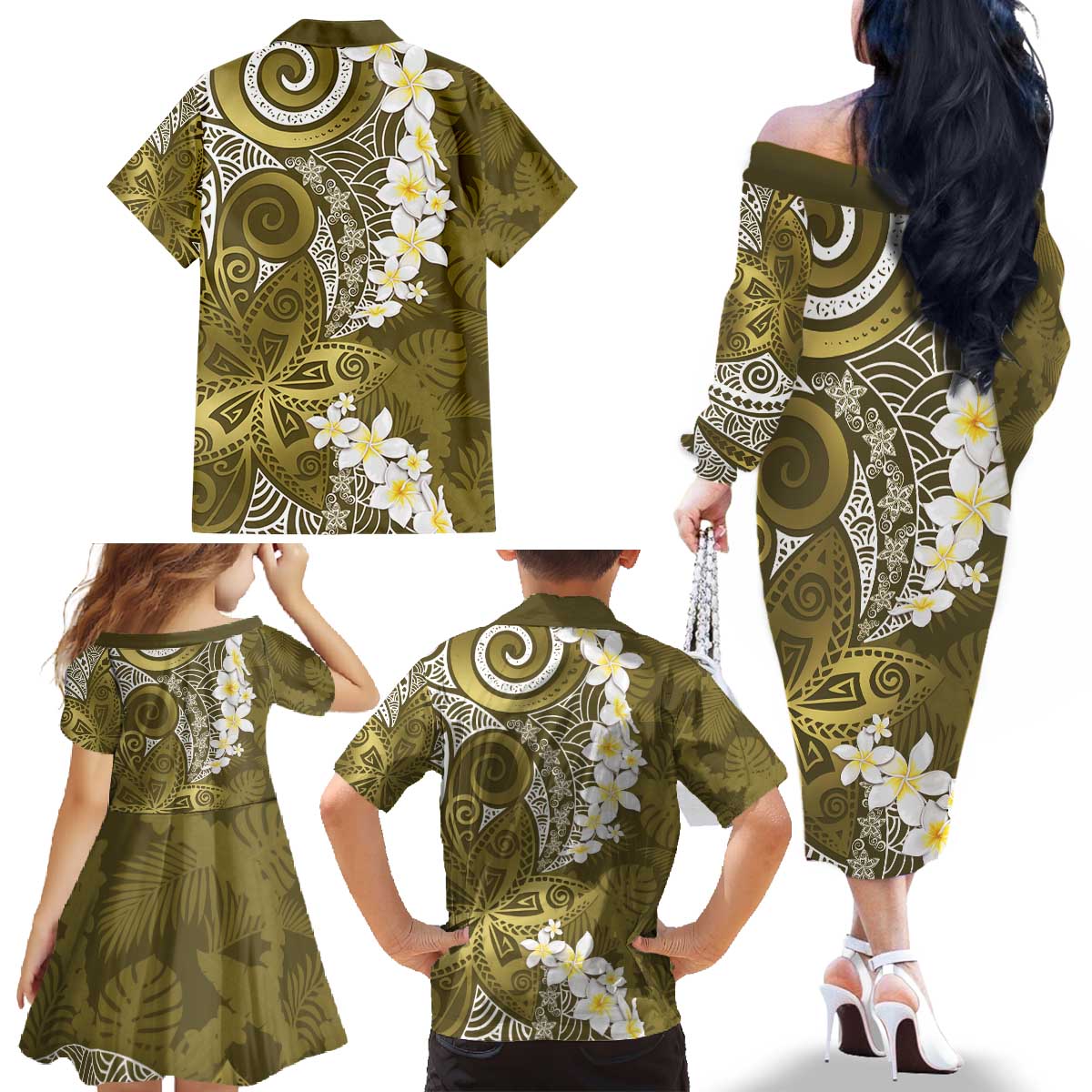 Gold Polynesian Tribal Frangipani Tropical Vibe Family Matching Off The Shoulder Long Sleeve Dress and Hawaiian Shirt