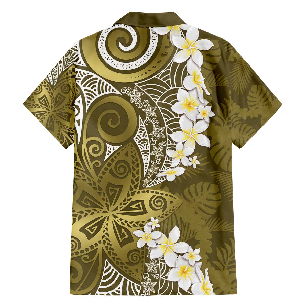 Gold Polynesian Tribal Frangipani Tropical Vibe Family Matching Off The Shoulder Long Sleeve Dress and Hawaiian Shirt