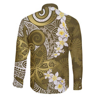 Gold Polynesian Tribal Frangipani Tropical Vibe Family Matching Off The Shoulder Long Sleeve Dress and Hawaiian Shirt