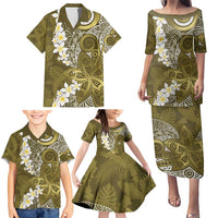 Gold Polynesian Tribal Frangipani Tropical Vibe Family Matching Puletasi and Hawaiian Shirt