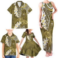 Gold Polynesian Tribal Frangipani Tropical Vibe Family Matching Tank Maxi Dress and Hawaiian Shirt