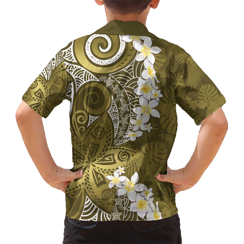Gold Polynesian Tribal Frangipani Tropical Vibe Kid Hawaiian Shirt