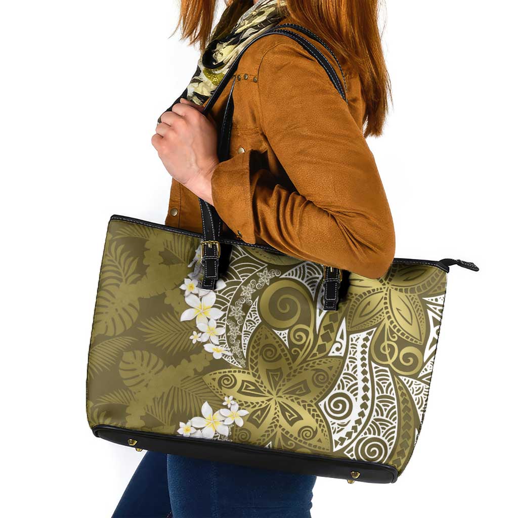 Gold Polynesian Tribal Frangipani Tropical Vibe Leather Tote Bag