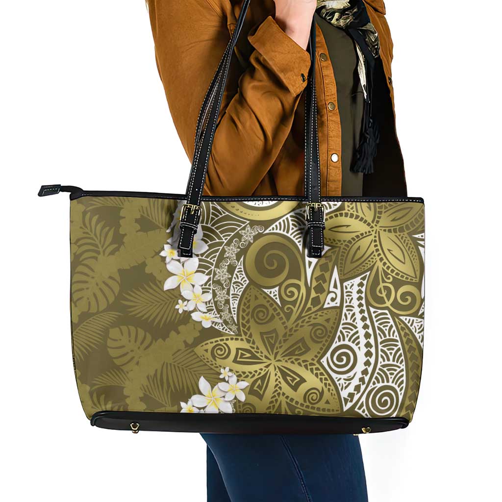 Gold Polynesian Tribal Frangipani Tropical Vibe Leather Tote Bag