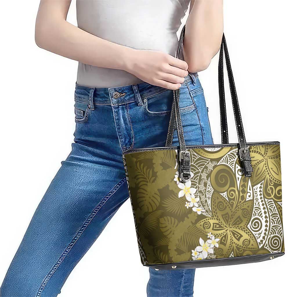 Gold Polynesian Tribal Frangipani Tropical Vibe Leather Tote Bag