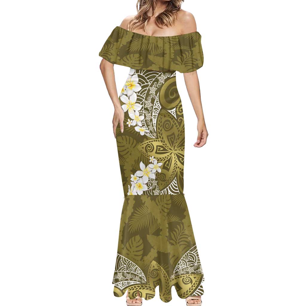 Gold Polynesian Tribal Frangipani Tropical Vibe Mermaid Dress