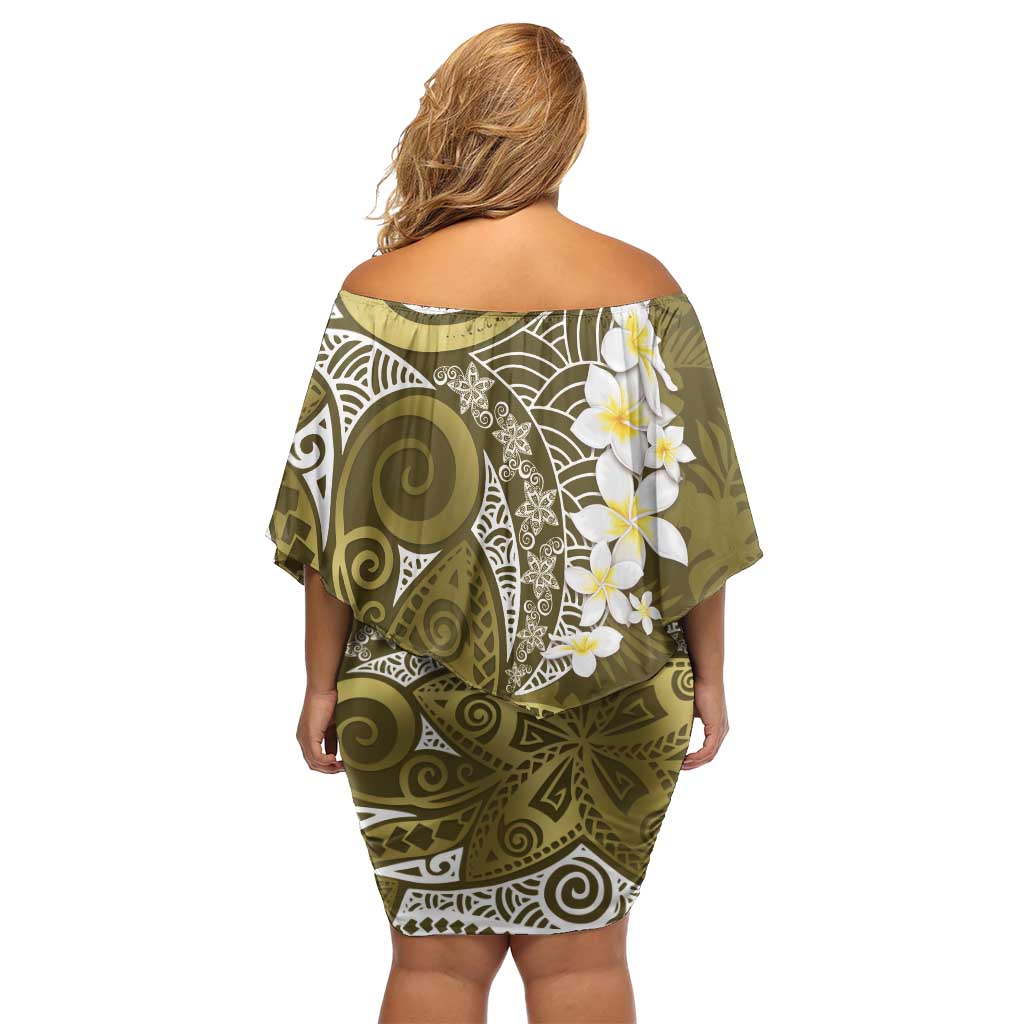 Gold Polynesian Tribal Frangipani Tropical Vibe Off Shoulder Short Dress