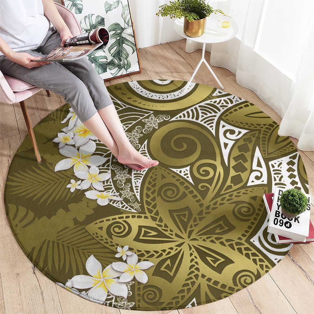 Gold Polynesian Tribal Frangipani Tropical Vibe Round Carpet LT14 - Polynesian Pride