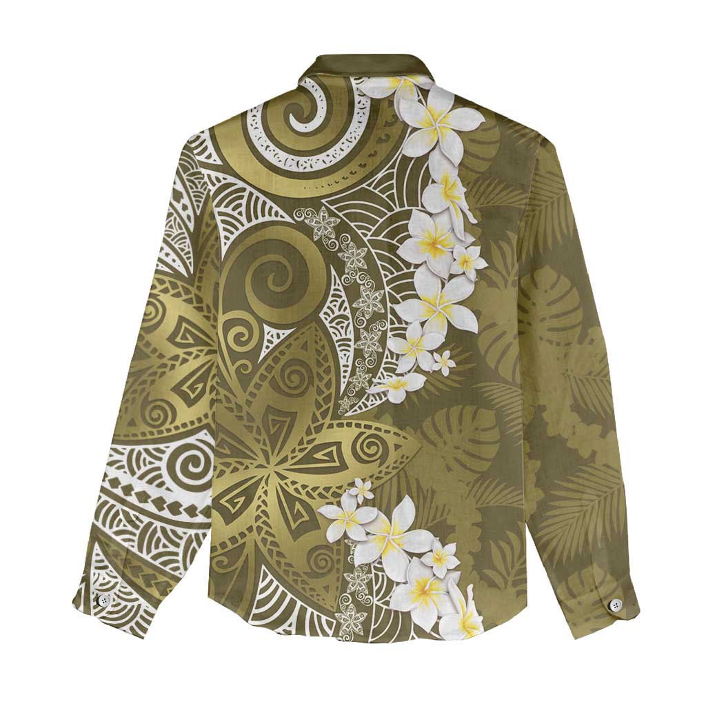 Gold Polynesian Tribal Frangipani Tropical Vibe Women Casual Shirt
