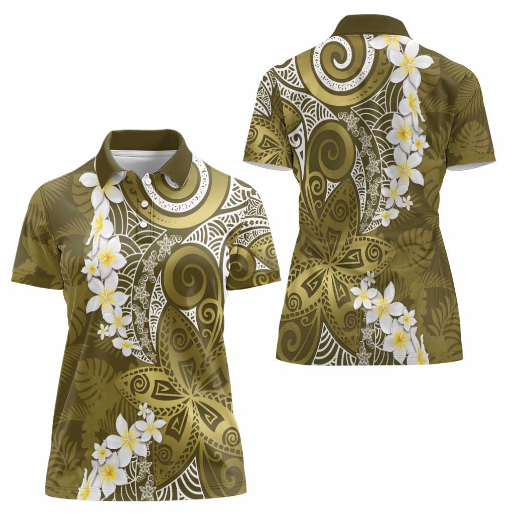 Gold Polynesian Tribal Frangipani Tropical Vibe Women Polo Shirt