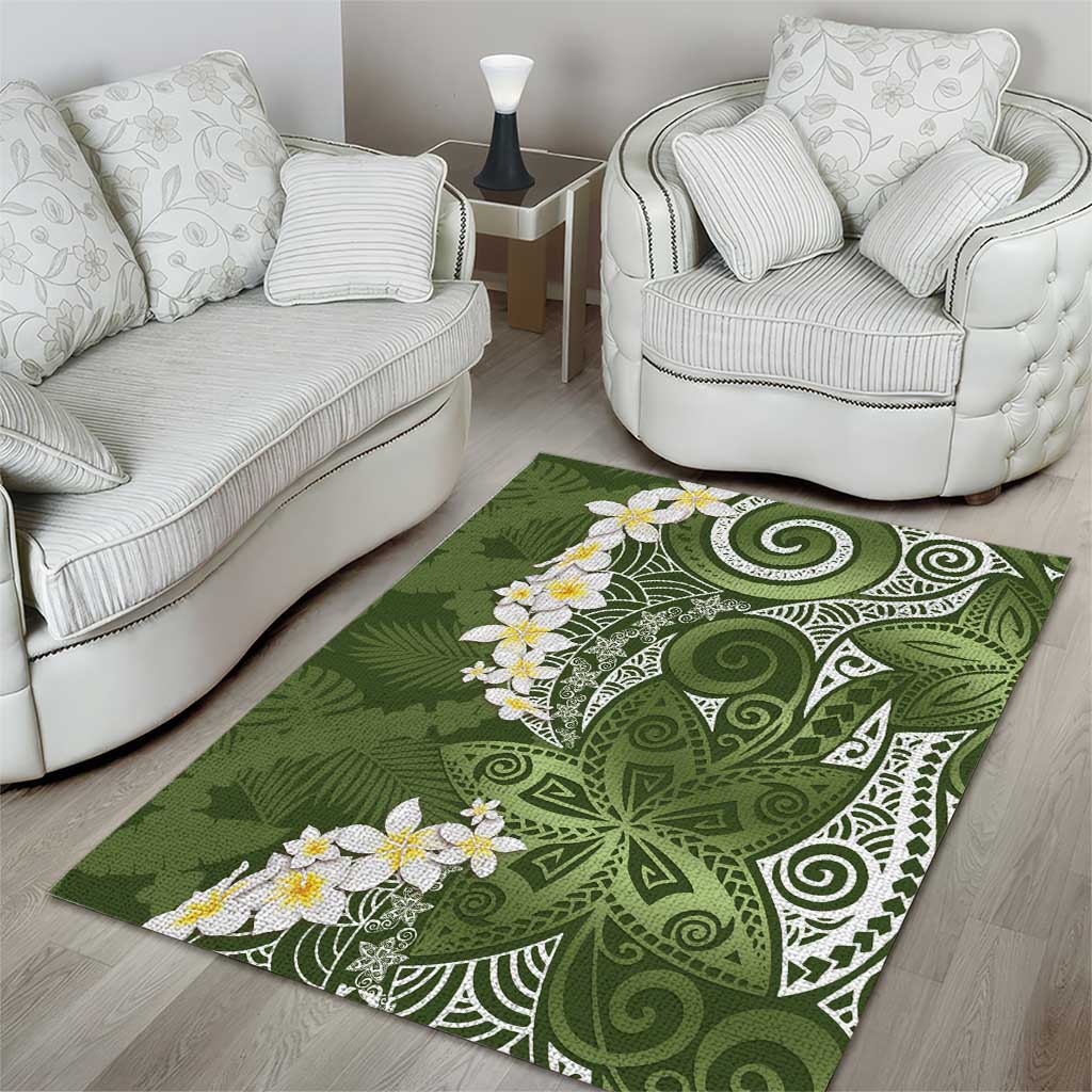 Green Polynesian Tribal Frangipani Tropical Vibe Area Rug