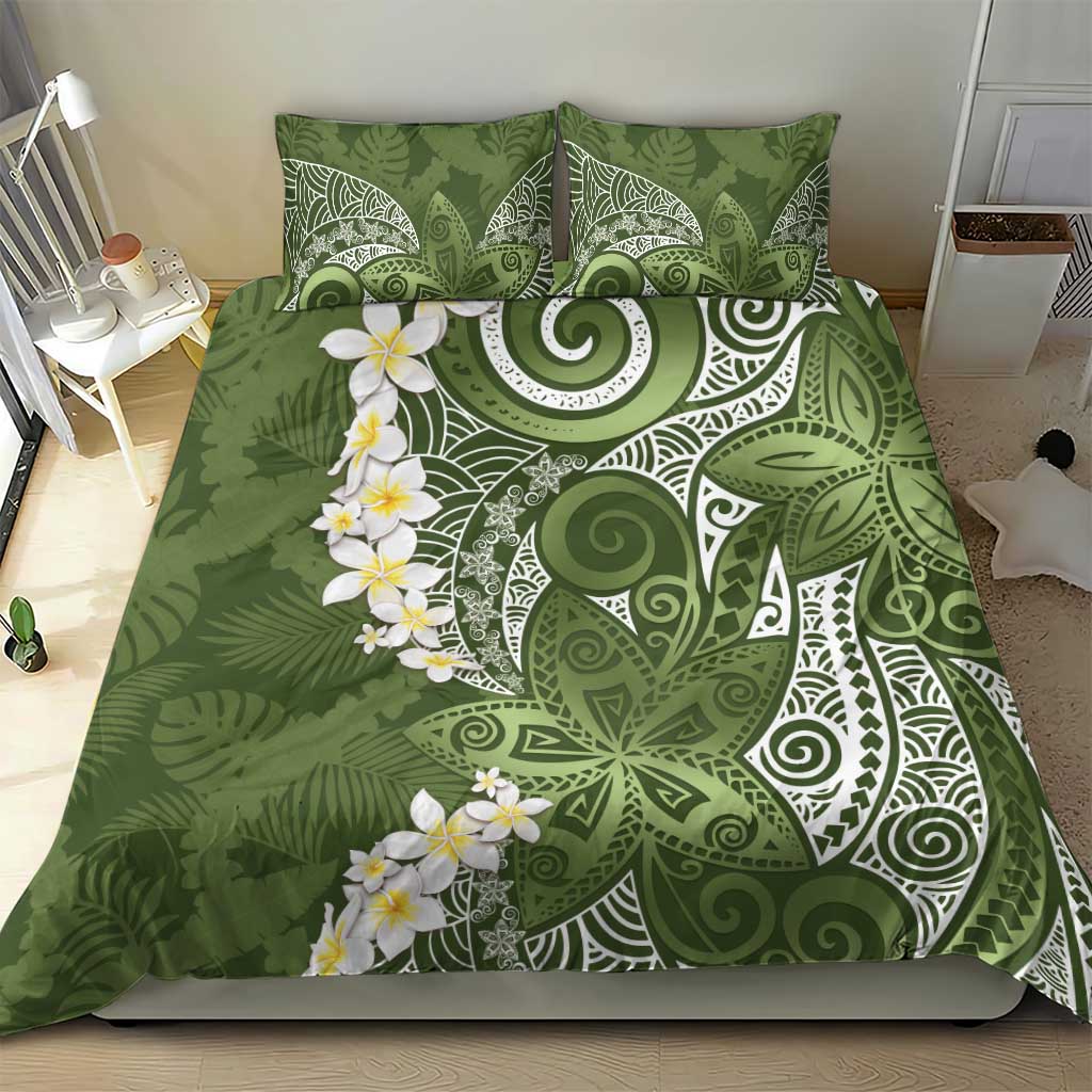 Green Polynesian Tribal Frangipani Tropical Vibe Bedding Set