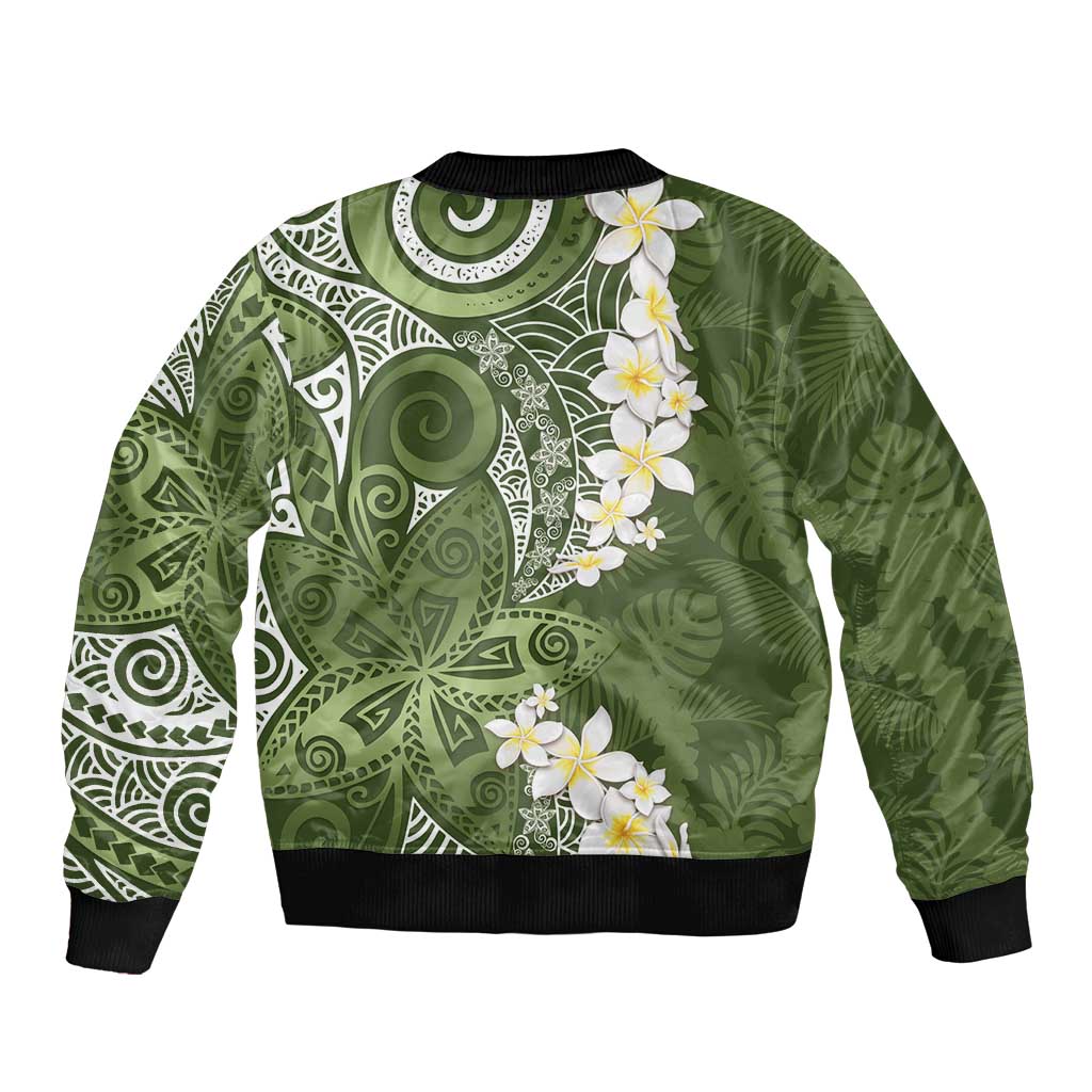 Green Polynesian Tribal Frangipani Tropical Vibe Bomber Jacket