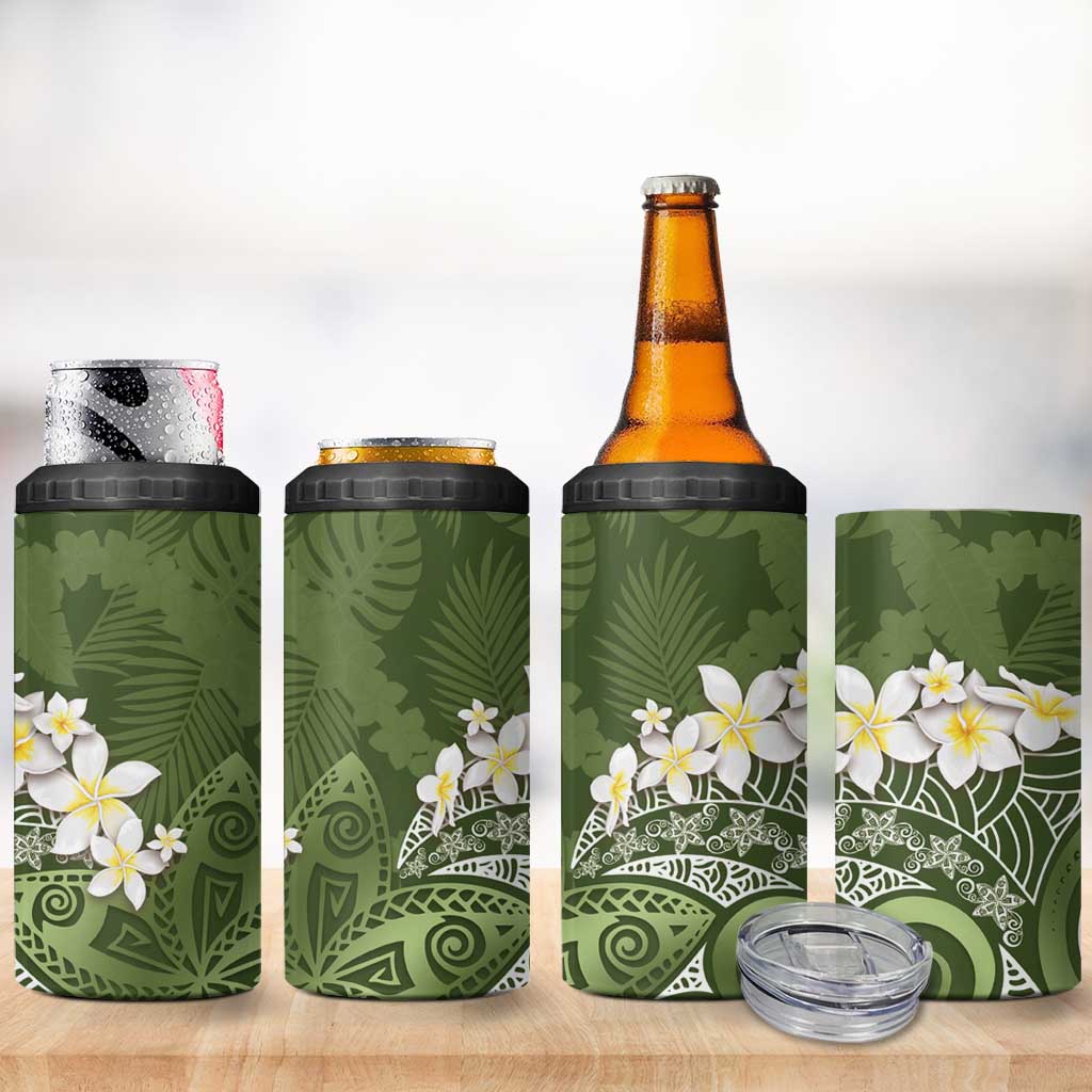 Green Polynesian Tribal Frangipani Tropical Vibe 4 in 1 Can Cooler Tumbler