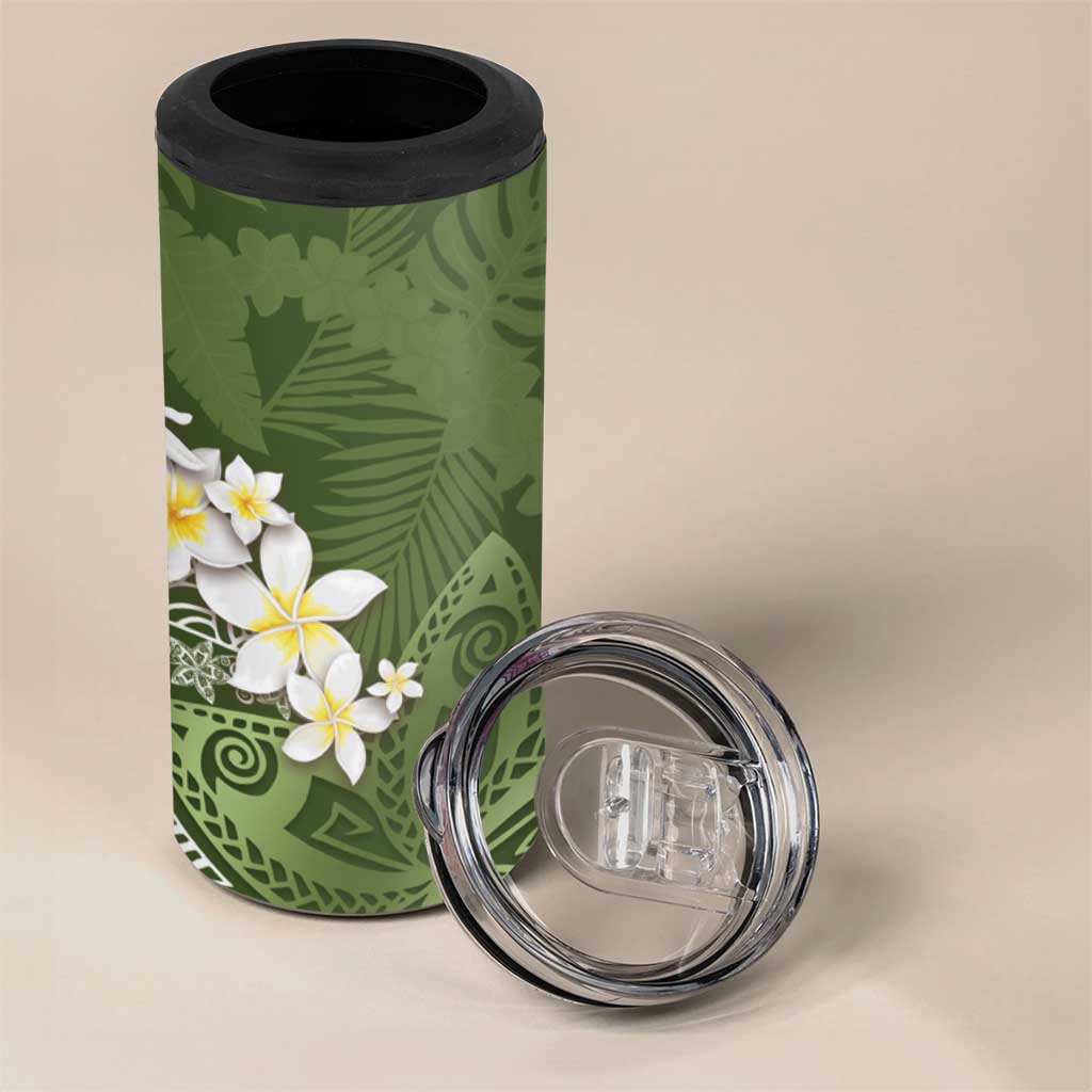 Green Polynesian Tribal Frangipani Tropical Vibe 4 in 1 Can Cooler Tumbler